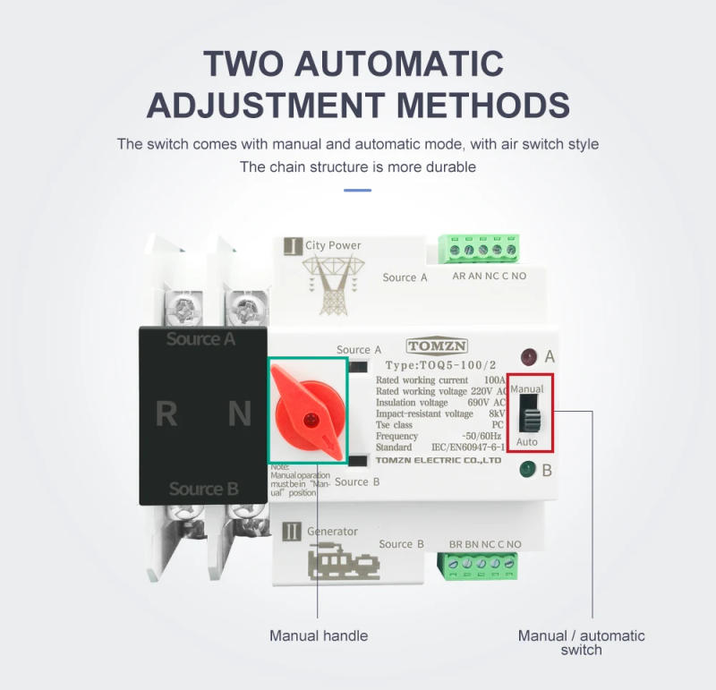 Description Picture 6 of itemDin Rail 2P 3P 4P ATS Dual Power Automatic Transfer Switch Electrical Selector Switches Uninterrupted Power 63A 100A TOMZN Mini