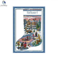 Joy Sunday Cross Stitch Kit Christmas Stocking-Happy Hour Cartoon Pattern 11CT 14CT Printed Canvas Fabric Embroidery Needlework