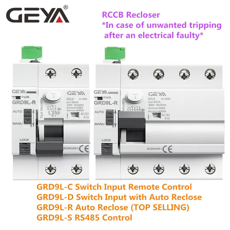 Description Picture 6 of itemGEYA GRD9L 6KA ELCB RCCB Automatic Reclosing Device Remote Control Circuit Breaker 2P 40A 63A 30mA 100mA 300mA RCD AC Type