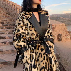 Lautaro Winter Long Leopard Print Warm Fluffy Faux Fur Trench Coat for Women Long Sleeve Double Breasted European Fashion 2021