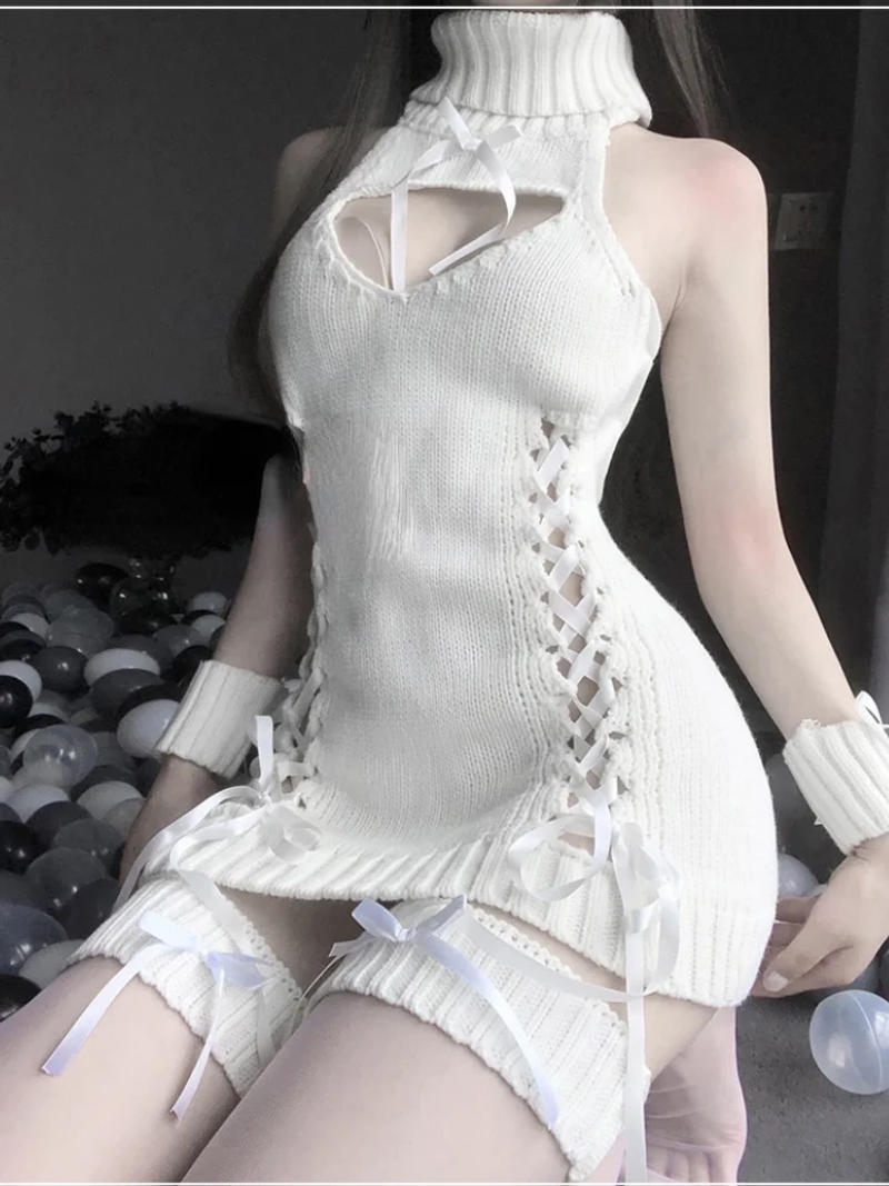 Description Picture 5 of itemFORERUN Turtleneck Virgin Killer Sweater Women Lace Up Sexy Backless Sleeveless Cut Out Knitted Pullovers