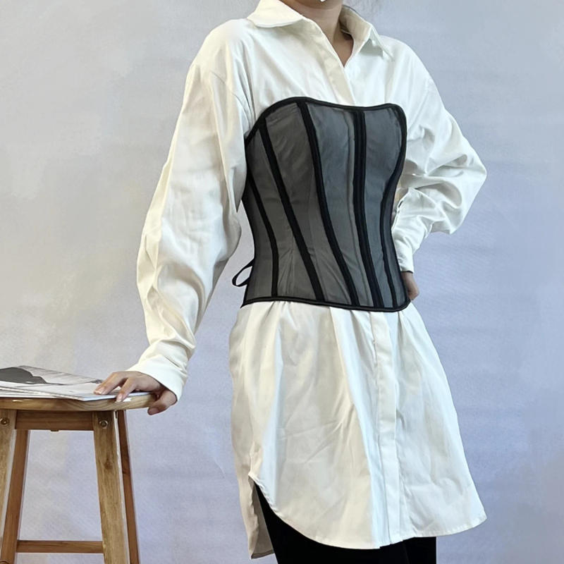 Description Picture 6 of itemWomen Sexy Sheer Mesh Patchwork Bustier Corset Vintage Strapless Lace-Up Back Overbust Waist Cincher Body Shaper Top Wholesales