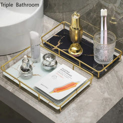 1pc Light Luxury Metal Rack Glass Storage Tray Rectangle Cosmetic Dressing Table Organizer Bathroom Shampoo Shower Gel Shelves