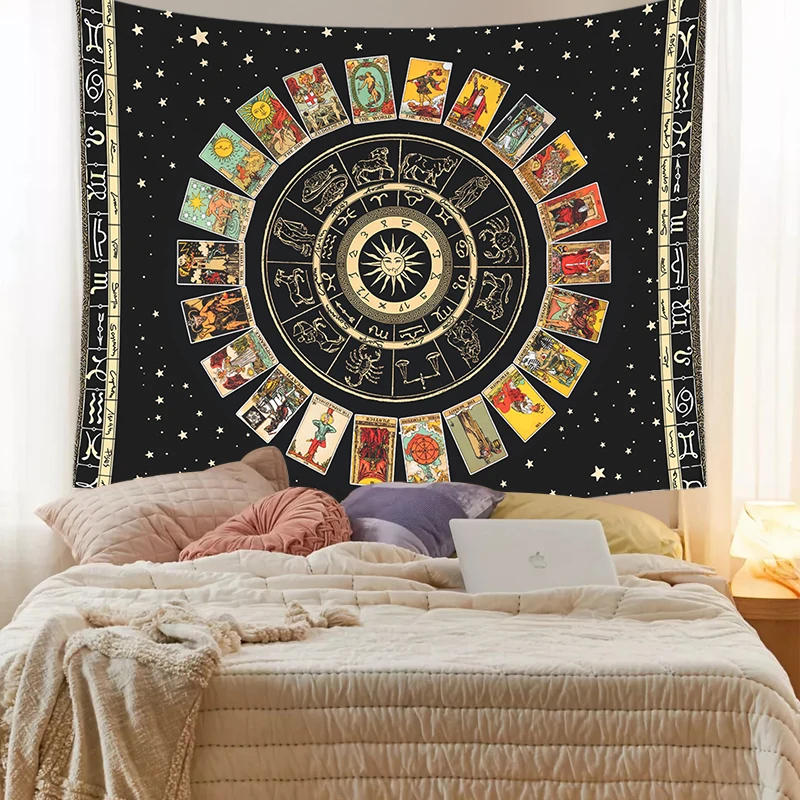 Description Picture 3 of itemMandala Tarot Card Tapestry Wheel of the Zodiac Astrology Chart & the Major Arcana Tarot  Sun and Moon  Wall Hanging Home Decor