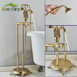Hownifety Gold Floor Standing Shower Faucet Deck Mount  Cold Hot Water Bathtub Mixer Rainfall Handheld Bathroom Shower Systems
