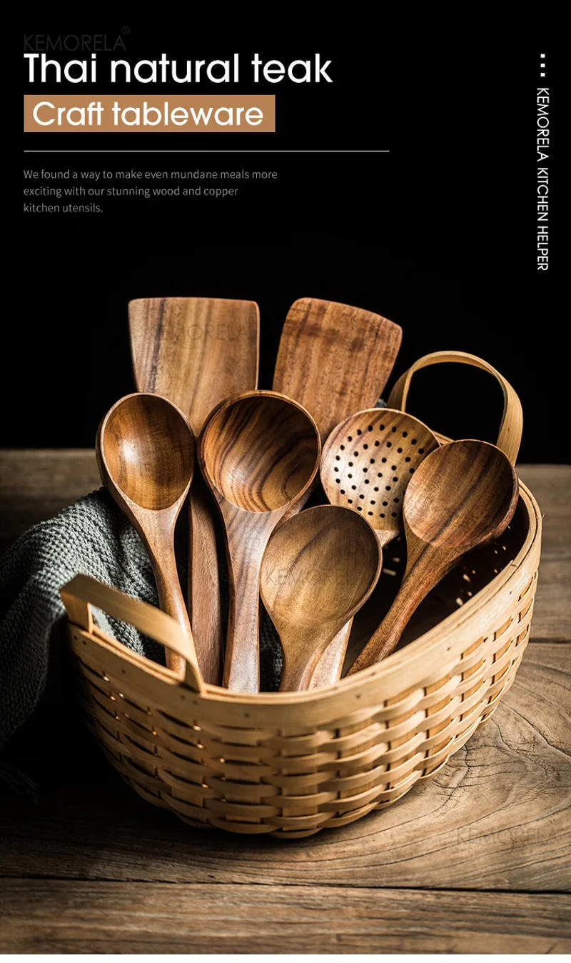 Description Picture 2 of itemThailand Teak Natural Wood Tableware Spoon Ladle Turner Long Rice Colander Soup Skimmer Cooking Spoons Scoop Kitchen Tool Set
