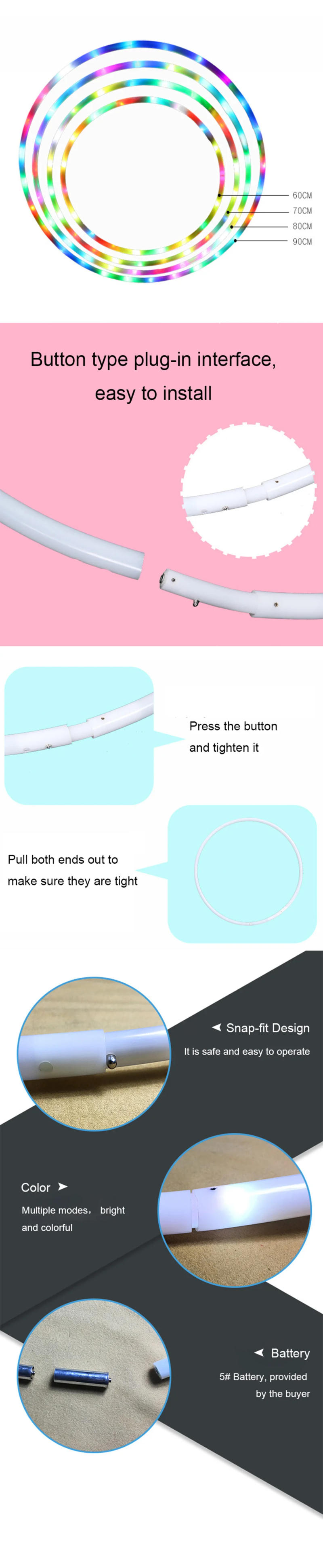 Description Picture 4 of item60/70/80/90cm LED Colorful Sports Hoops Lose Weight Fitness Circle Art Show Yoga Home Gym Workout Equipment for Women Kids Gift