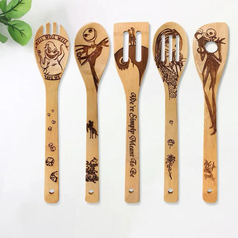 Description Picture 2 of item5Pcs Cookware Spatula Non-stick Heat-resistant Bamboo Cartoon Pattern Laser Engraved Shovel Halloween Kitchen Cookware Set