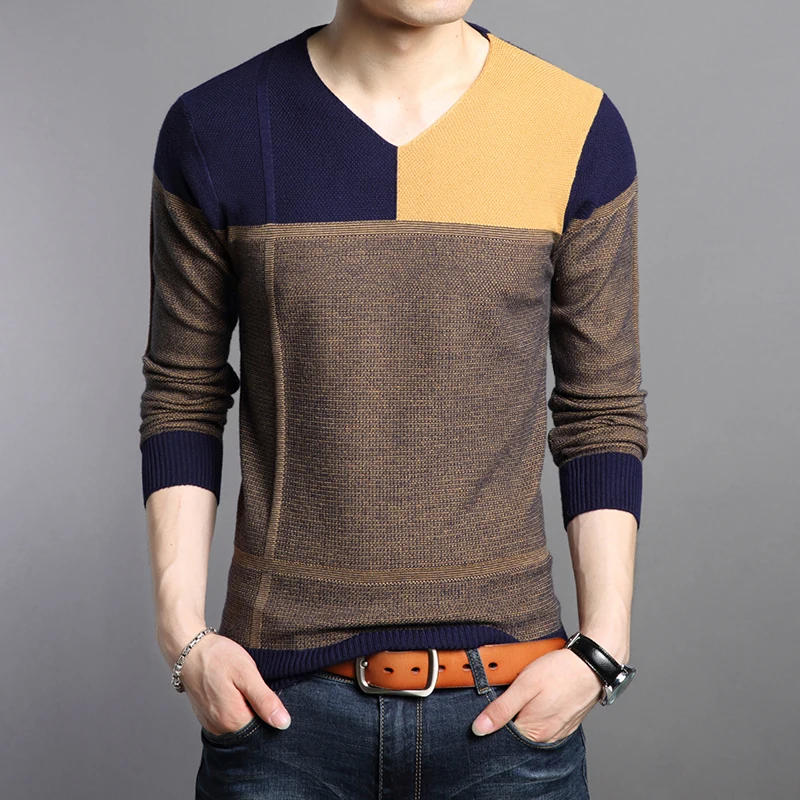 Description Picture 5 of itemKnitted Sweater for Men Autumn Casual Patchwork Men's Sweater Fashion Slim Pullover Men V-neck Long Sleeve Mens Clothing