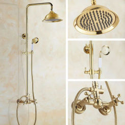 Luxury Gold Color Brass Bathroom Shower Mixer Tap Faucet Set 8" Round Rain Shower Head Wall Mounted agf333