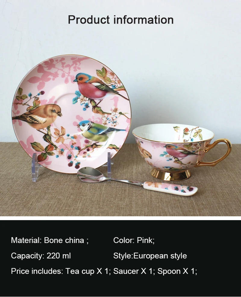 Description Picture 2 of itemWourmth European Bone China Coffee Cup Set Pink Bird Creative Ceramic Phnom Penh Afternoon Tea Cup & Saucer With Spoon Nice Gift