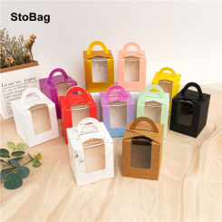 StoBag 10pcs Cupcake Box With Clear Window Handles Cake Favors Birthday Christmas Party & Event Handmade Dessert Food 1 Holes