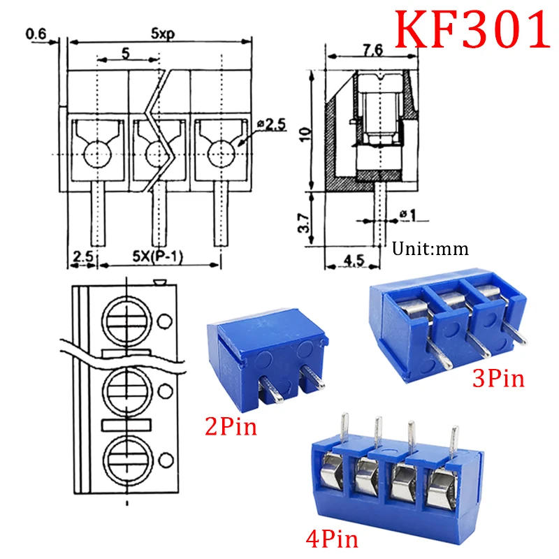 Description Picture 4 of itemKF301 2P 3P 4P 5mm Screw Wire Terminal Block KF301-2P KF301-3/4P Pitch 5.0mm Straight Pin Spliceable Plug-in PCB Cable Connector