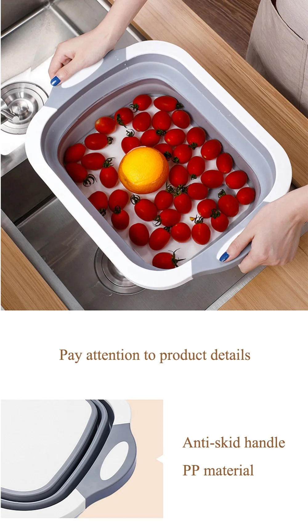 Description Picture 6 of itemNew Multi-function 3 In 1 Folding Cutting Board Foldable Drain Basket Chopping Blocks Washing Basket folding sink folding basin