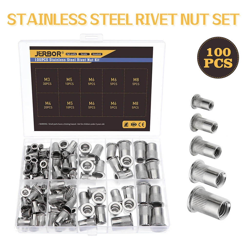 Description Picture 4 of item100PCS  M3 M4 M5 M6 M8 Stainless Steel Rivet Nuts Set Nutserts Threaded Insert Nutsert Cap Flat Head Rivet Nuts Rivnut Tool