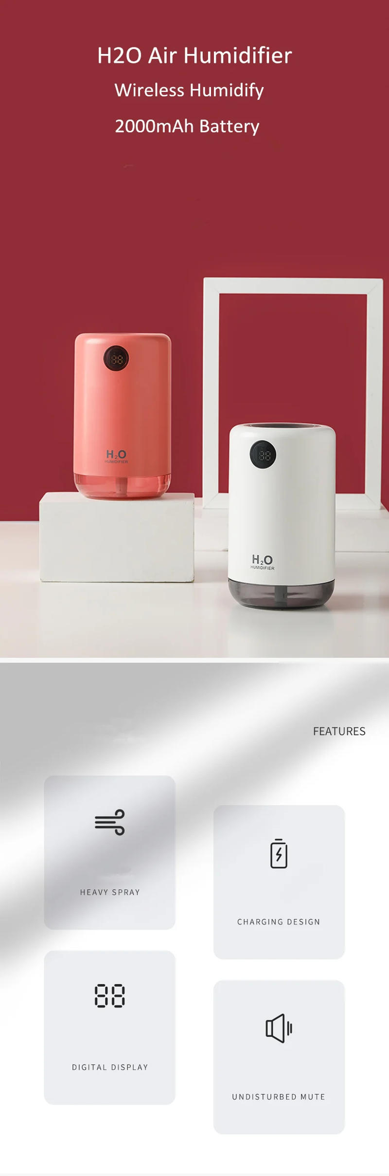 Description Picture 2 of itemHome Table Wireless Ultrasonic Air Humidifier, Portable Mini Aroma Water Mist Diffuser, Battery Life Show, 500ml, 2000mAh