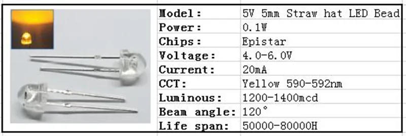 Description Picture 3 of item5V 12v LED 5mm 3mm bead SMD f5 f3 hat round lamp dip diodes USB car light white red green blue yellow chip 50pcs