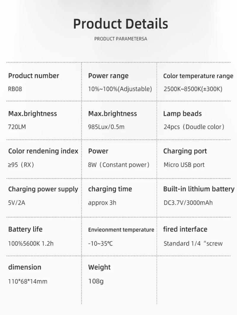 Description Picture 3 of itemViltrox RB08 Bi-color 2500K-8500K Mini Video LED Light Portable Fill Light Built-in Battery for Phone Camera YouTube live