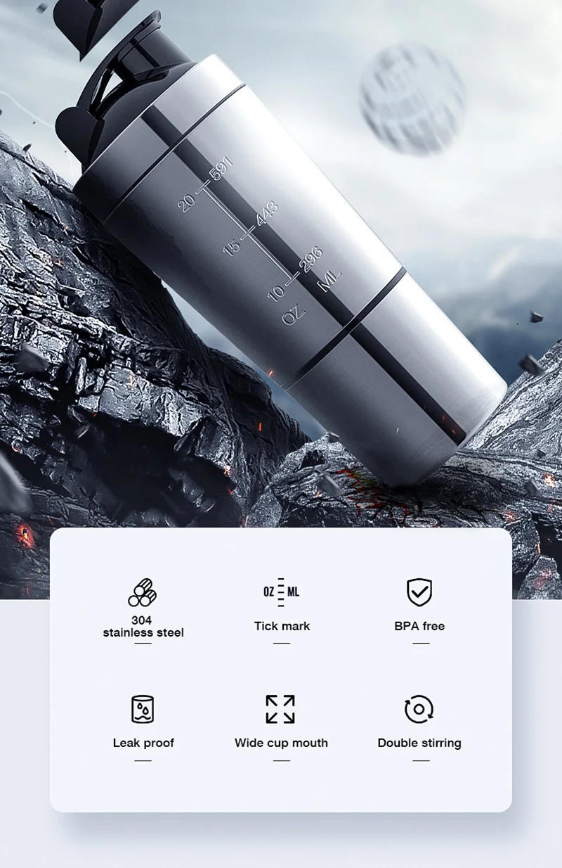 Description Picture 2 of itemStainless Steel Vacuum Mixer Cup Outdoor Drink Kettle Detachable Double Layer Whey Protein Powder Sports Shaker Water Bottle