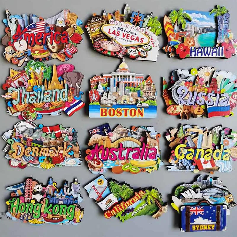 Description Picture 3 of itemWooden Refrigerator Magnet Travel Souvenir United States Barcelona Russia Canada Thailand Denmark Magnetic Fridge Sticker