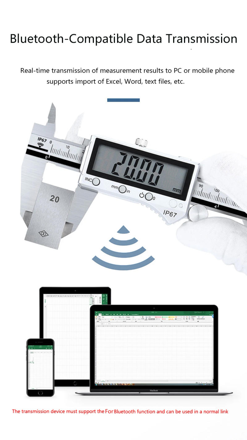Description Picture 6 of itemBluetooth-Compatible Electronic Digital Display Vernier Caliper 0-150/200/300mm Stainless Steel IP67 Waterproof Measuring Tools