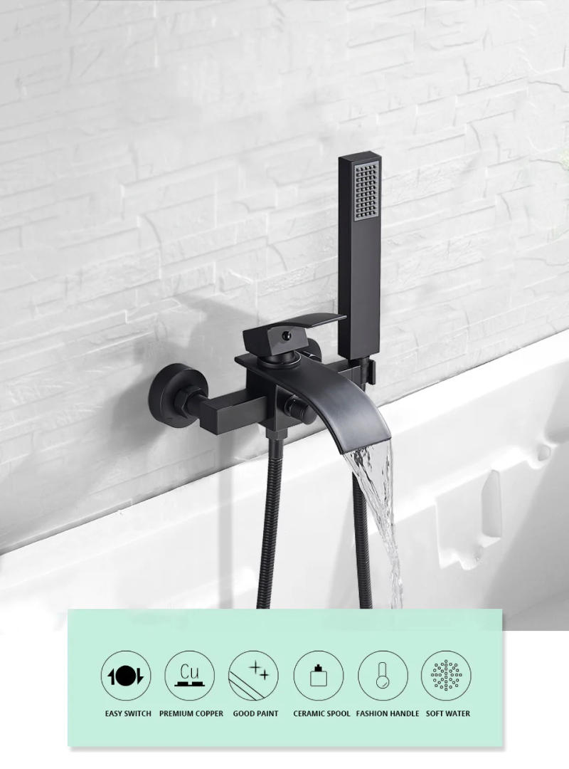 Description Picture 4 of itemGold Black Bathtub Faucet Waterfall Shower Faucet Wall Mounted Hot Cold Water Mixer For Bathroom Chrome Bath Shower Set System