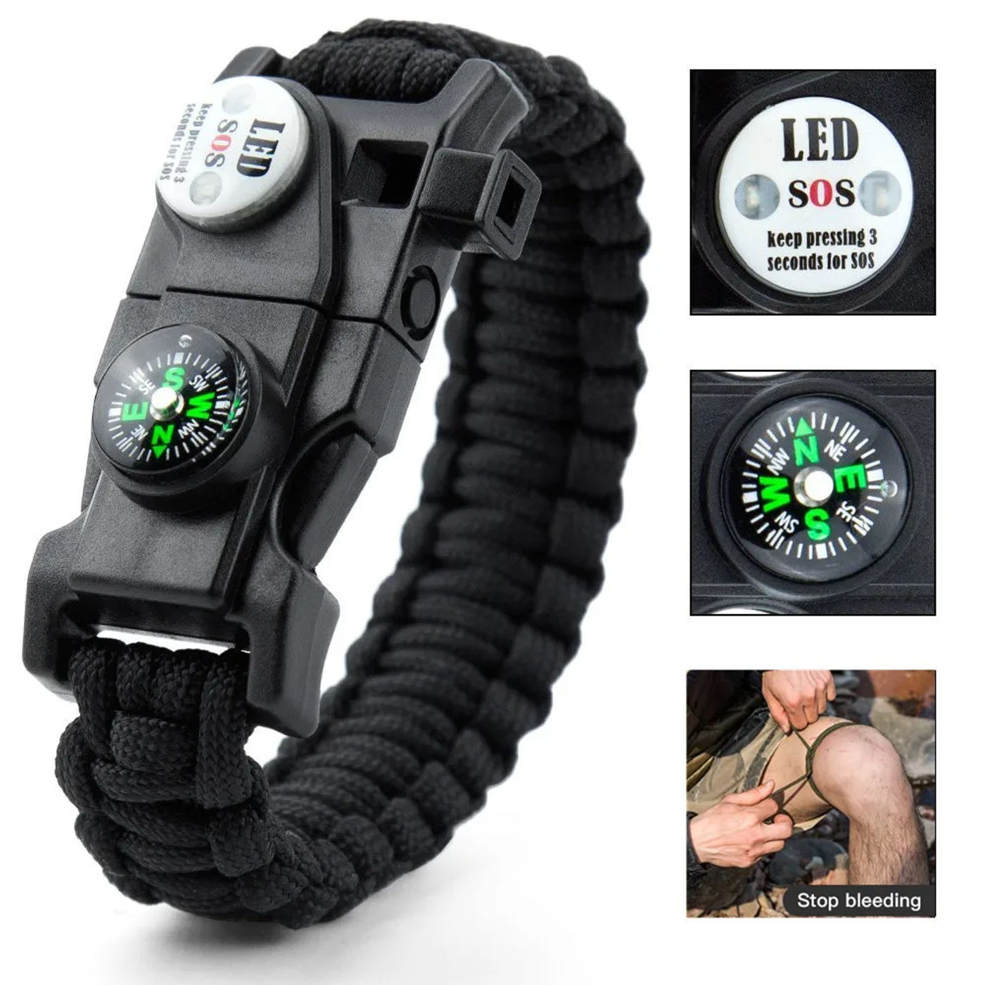 Description Picture 3 of itemMuliti Outdoor tools Survival Bracelet with SOS Led Light Paracord Braided Rope Camping hiking Emergency Compass Whistle tools