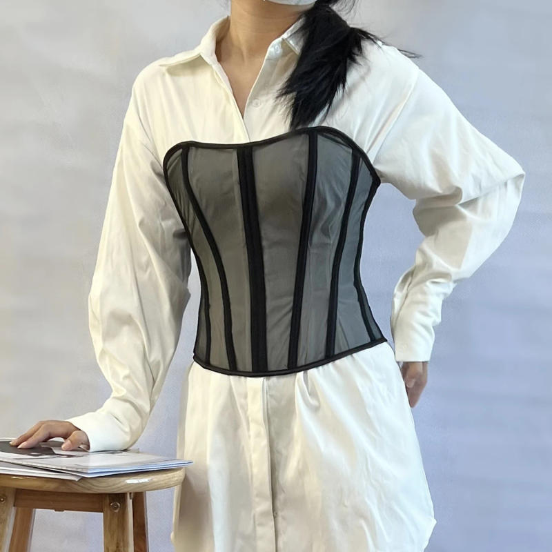 Description Picture 3 of itemWomen Sexy Sheer Mesh Patchwork Bustier Corset Vintage Strapless Lace-Up Back Overbust Waist Cincher Body Shaper Top Wholesales