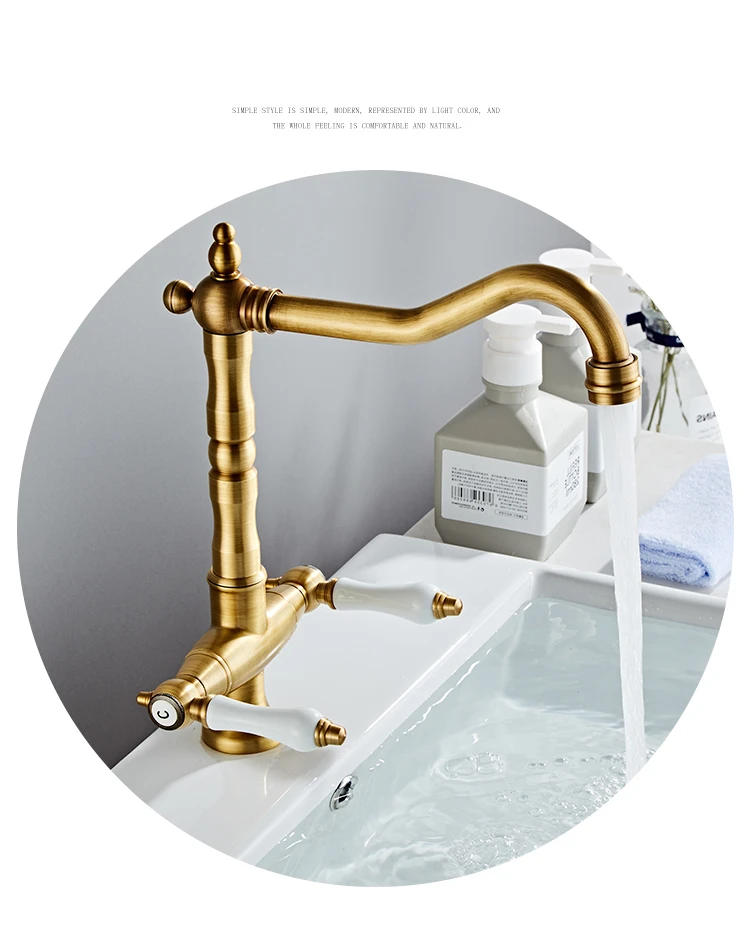 Description Picture 3 of itemBrass Faucet Kitchen Cold and Hot Water Deck Mounted Basin Retro Faucet Dual Handle Single Hole Rotatable Water Tap Kitchen