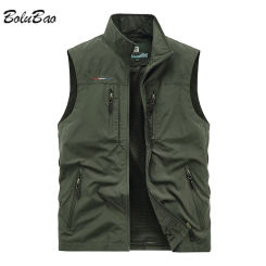 BOLUBAO New Men's Leisure Vest Solid Color Tooling Style Waistcoat Thin Fishing Hiking Multi-Pocket Casual Loose Vest for Men
