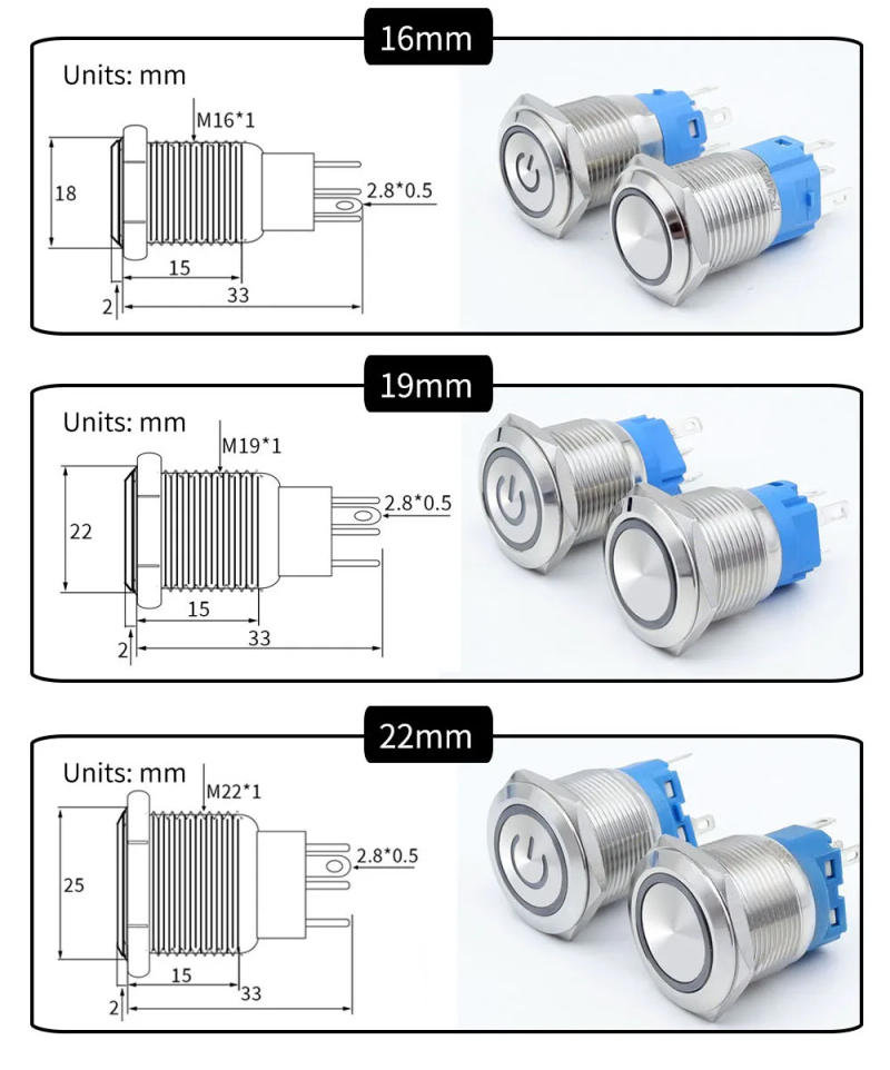 Description Picture 5 of itemMetal Push Button Switch with Wire On Off PC Power Waterproof 12v for Car Momentary Latching Fixed NO NC 5V 220V 12 16 19 22 mm