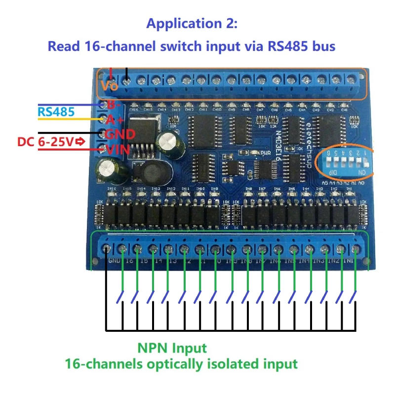 Description Picture 5 of itemDC 12V 24V 16 Input 16 Output RS485 Remote Control Switch PLC IO expansion Board 03 06 16 Modbus RTU Module