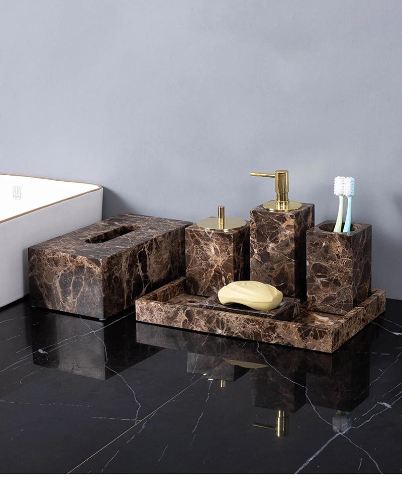Description Picture 5 of itemEmperador Dark Natural Marble Bathroom Set Brown Luxury Toothbrush Holder Soap Dish Soap Dispenser Bathroom Accessories