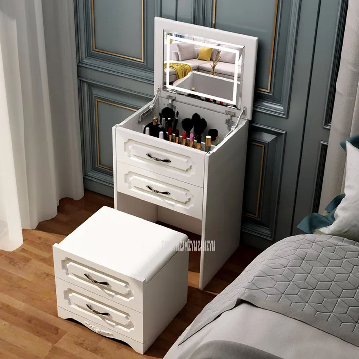 Description Picture 3 of itemModern Mini Dressing Table With Drawer Flip Mirror Multi-functional Home Bedroom Makeup Dresser Table Home Family Furniture