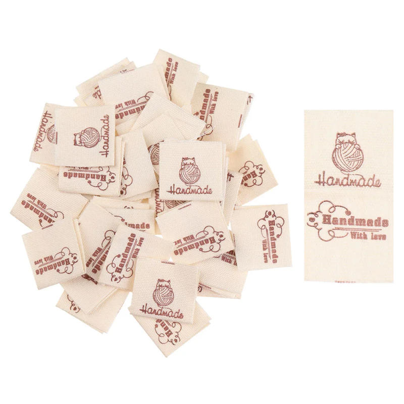 Description Picture 4 of item50Pcs Handmade With Love Cloth Garment Labels Knitting Wool Ball Clothing Tags Cartoon Cat Heart Pattern Woven Knitted Supplies