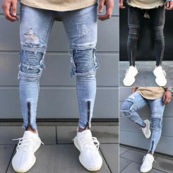 Men's Skinny Slim Fit Straight Ripped Destroyed Distressed Zipper Stretch Knee Patch Denim Pants Jeans Men's Slim Fit Jeans