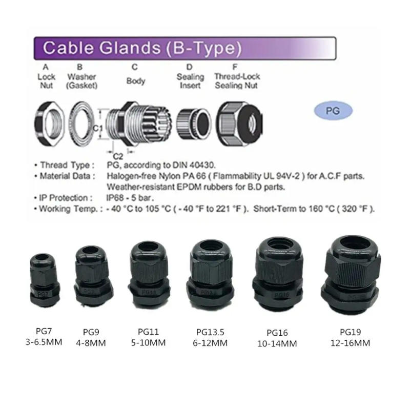 Description Picture 3 of item10Pcs Nylon Cable Gland Kit Waterproof Ip68 Cable Gland Joints Adjustable Locknut Pg7 Pg9 Pg11 Pg13.5 Pg16