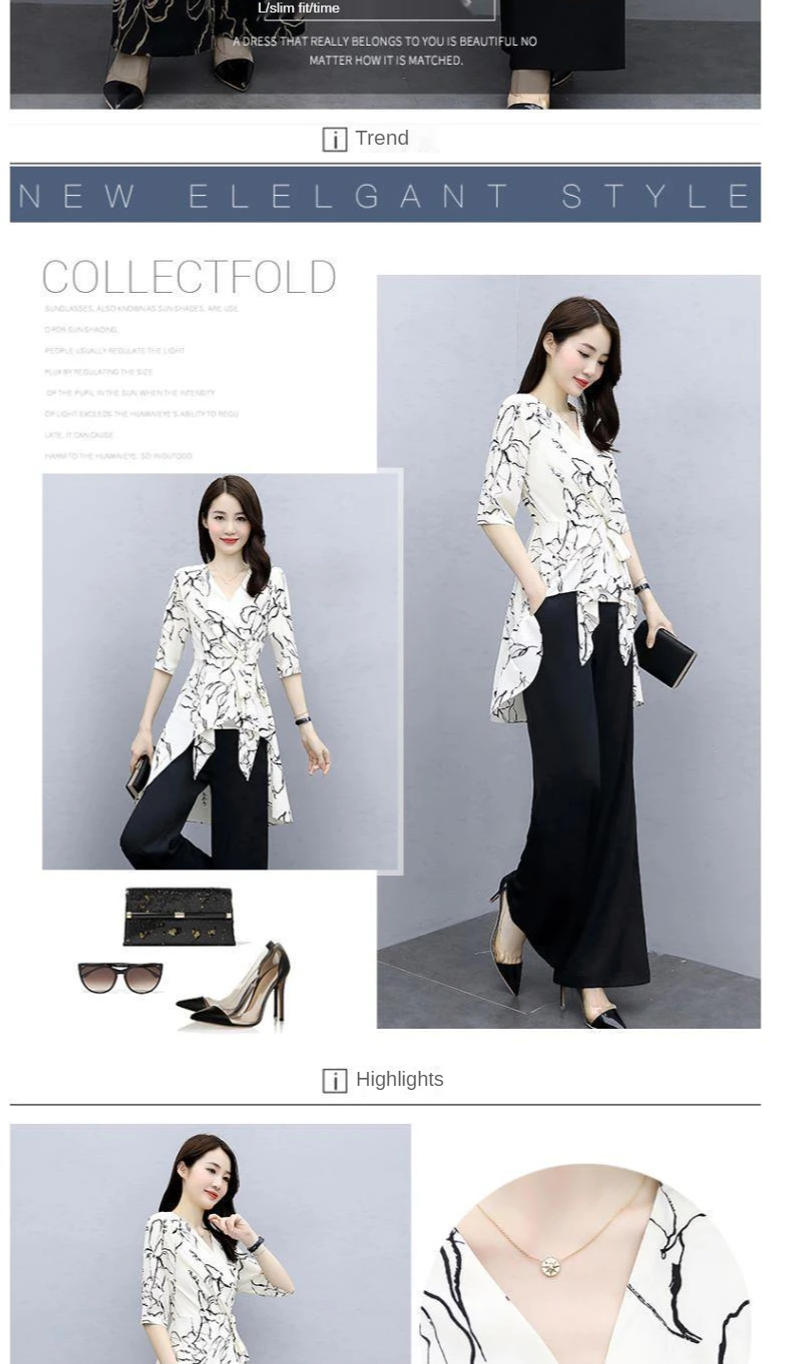 Description Picture 4 of itemWomen's Casual Suit Summer New Two Piece Set 2025 Fashion Wide Leg Long Pant Half Sleeve Top Korean Style Printed Office Outfits