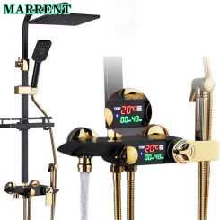 Rainfall Shower Head Brass Thermostatic Bathroom Shower System Faucet Luxury Black Gold Bathroom Tap Hot Cold Digital Shower Set