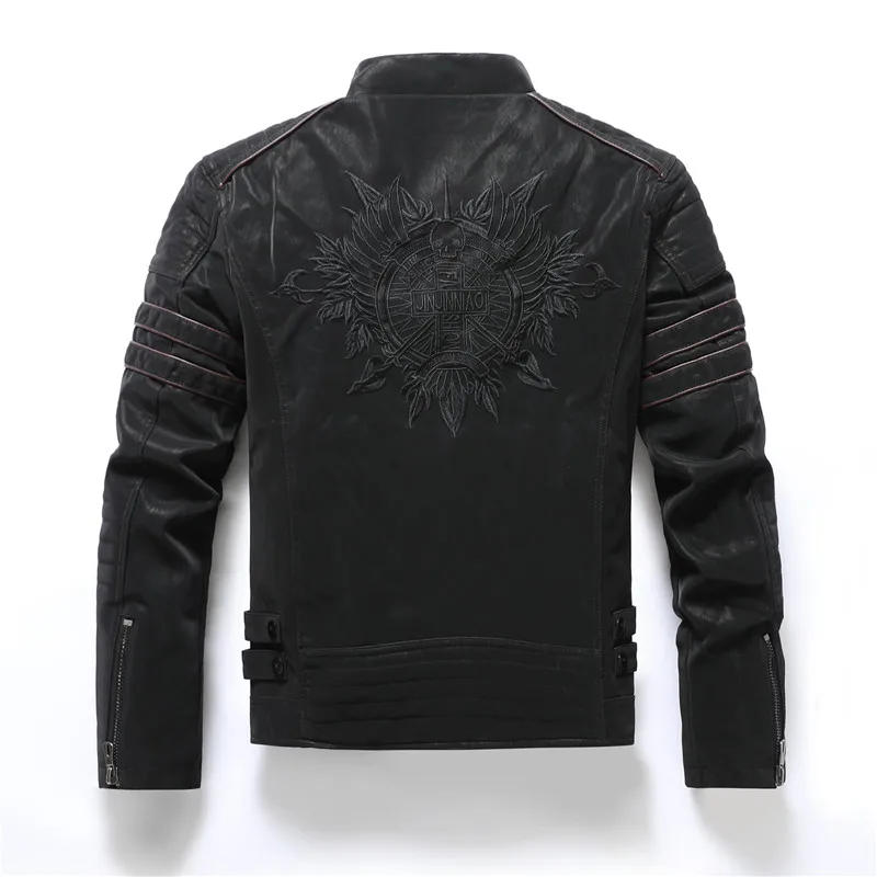 Description Picture 6 of itemBack Skull Embroidery Motorcycle Faxu Leather Jackets Men Fashion Fleece Warm PU Leather Jackets and Coats Autumn Winter Outwear