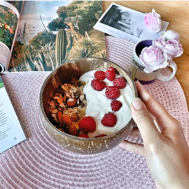 Description Picture 2 of itemWomen 12-15cm Natural Coconut Bowl Dinner Set Handmade Wooden Tableware Wood Spoon Dessert Fruit Salad Mixing Rice Ramen Bowl