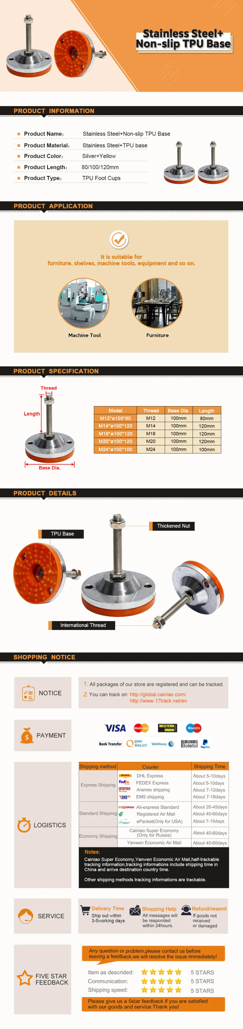 Description Picture 2 of itemAAA+ Quality anti-slip table leg supports Stainless steel furniture foot pad cup with TPU base bottom for machine Diameter 100mm