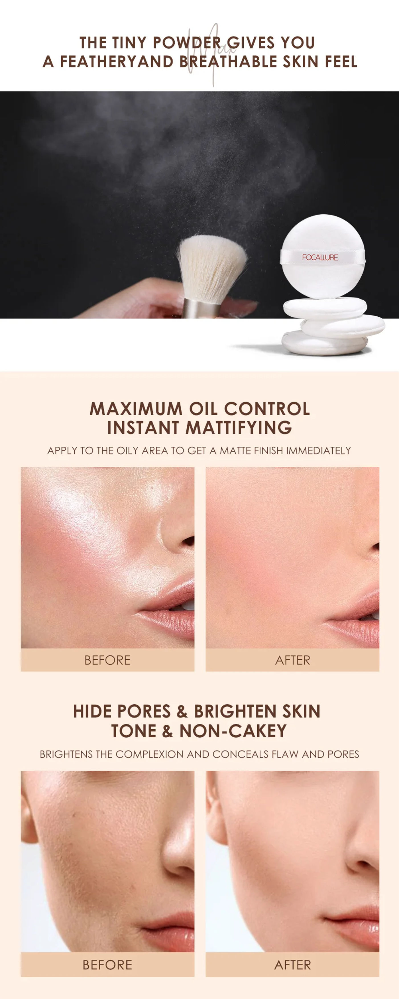 Description Picture 4 of itemWholesale FOCALLURE 4 Colors Minerals Face Loose Powder Waterproof Matte Setting Finish Makeup Oil-control Bake Women Cosmetics