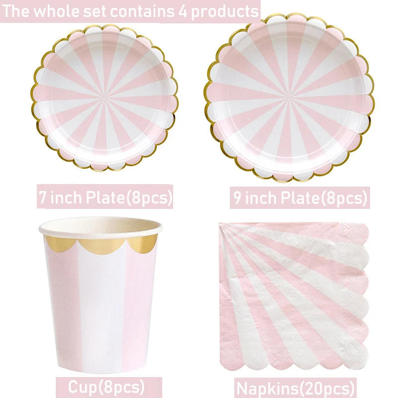 Description Picture 6 of itemStriped Disposable Tableware Pink Blue Paper Plates Napkins Cups Straws Birthday Party Baby Shower Wedding Decoration Supplies