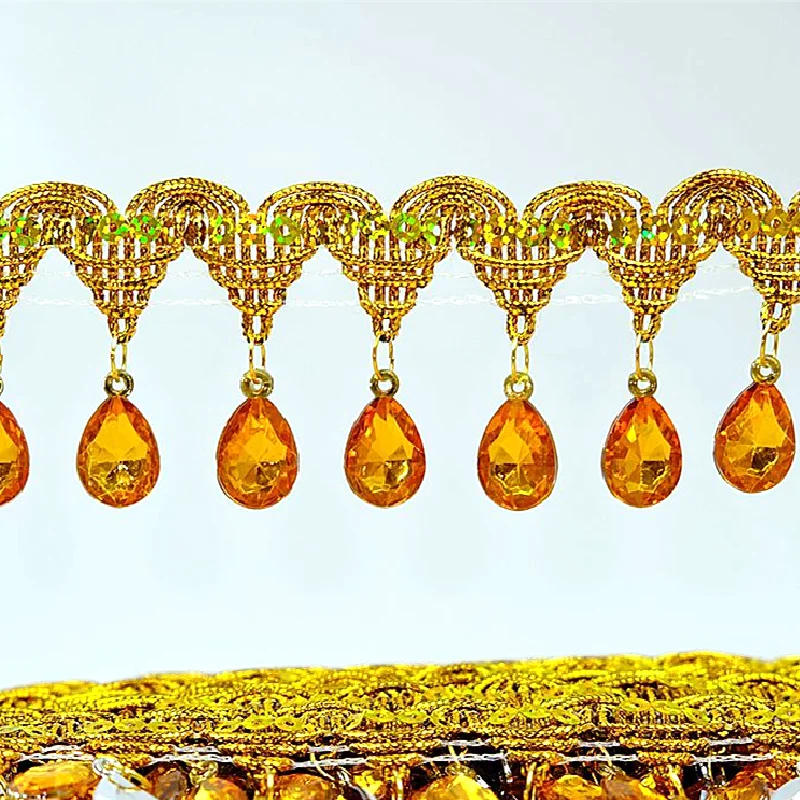 Description Picture 2 of item1 Yard Gold Lace Ribbon Crystal Fringe Trims For Stage Performance Party Cosplay Wedding Clothes DIY Sewing Garments Accessories