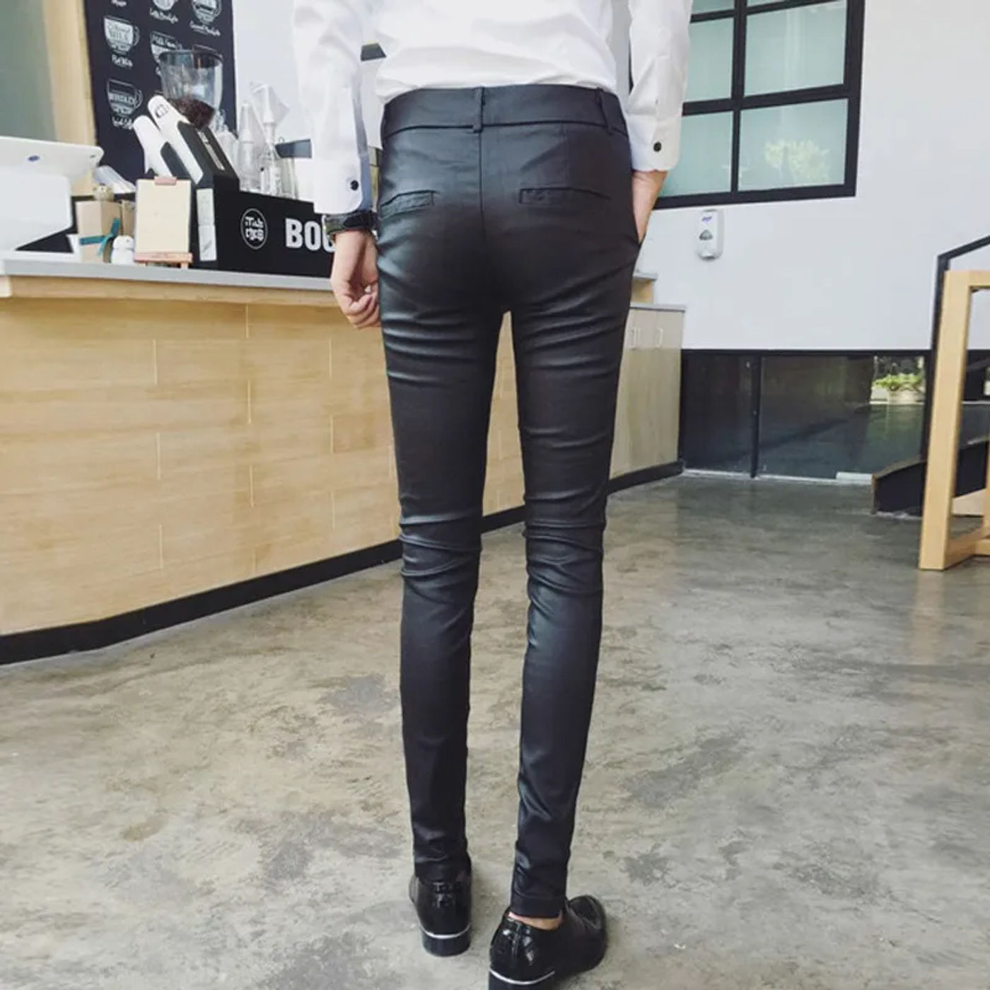Description Picture 5 of itemSummer Mens Pu Leather Pants Fashion Korean Skinny Pencil Pants Stretchy Office Work Casual Long Trousers Leather Biker Pants