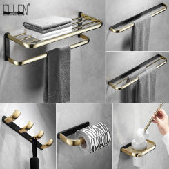 ELLEN Bathroom Hardware Set Black Gold Towel Shelf Robe Hooks Toilet Brush Holder Soap Basket Tumble Holder EL2001BG