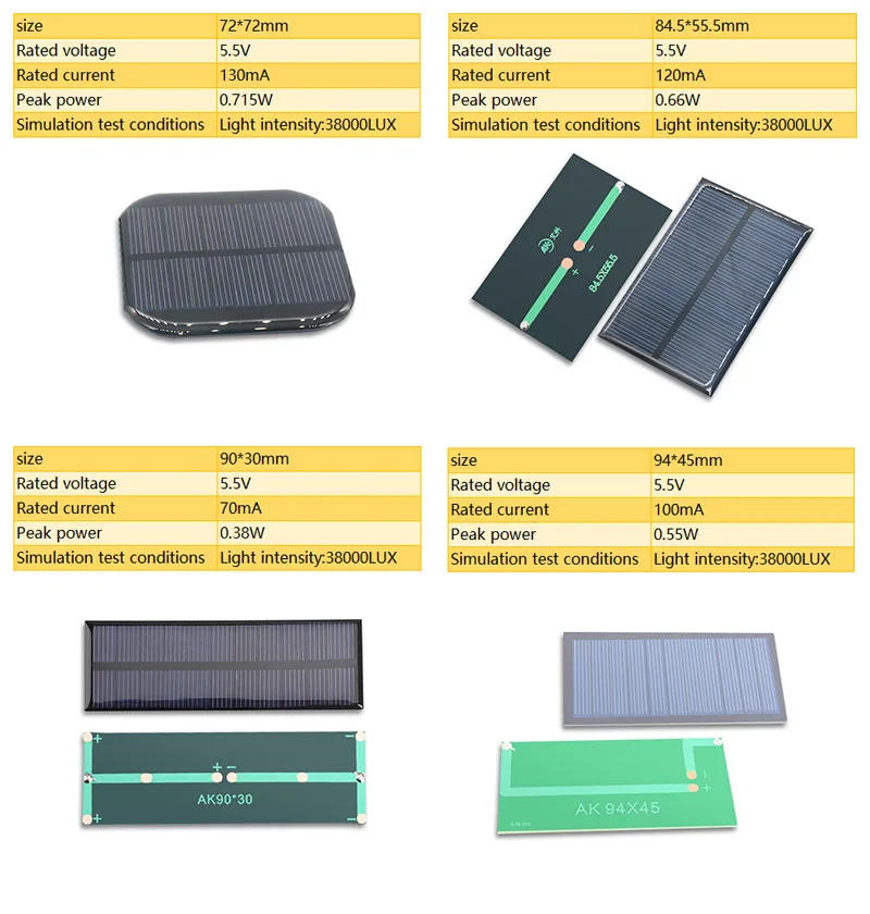 Description Picture 5 of item4V 5.5V 5V 6V 7V 10V 12V Mono/polycrystalline solar panel battery module Epoxy board PET power generation board model