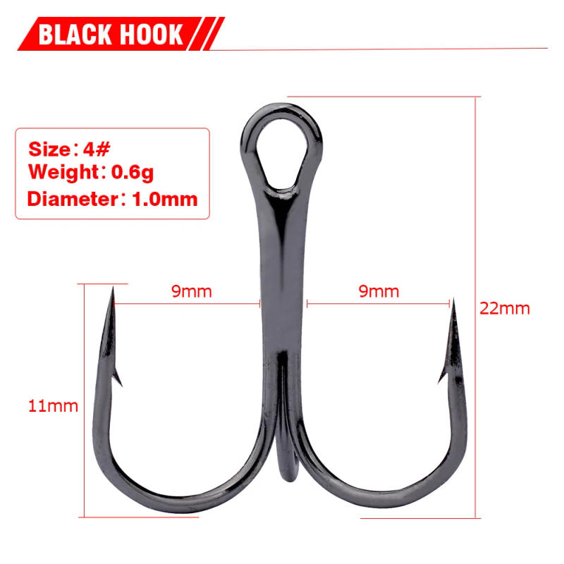 Description Picture 4 of item50Pcs/lot 2/4/6/8/10/12/14# Black/Gold/Silver Fishing Hook High Steel Carbon Material Three Hooks Fishing Tackle Tools