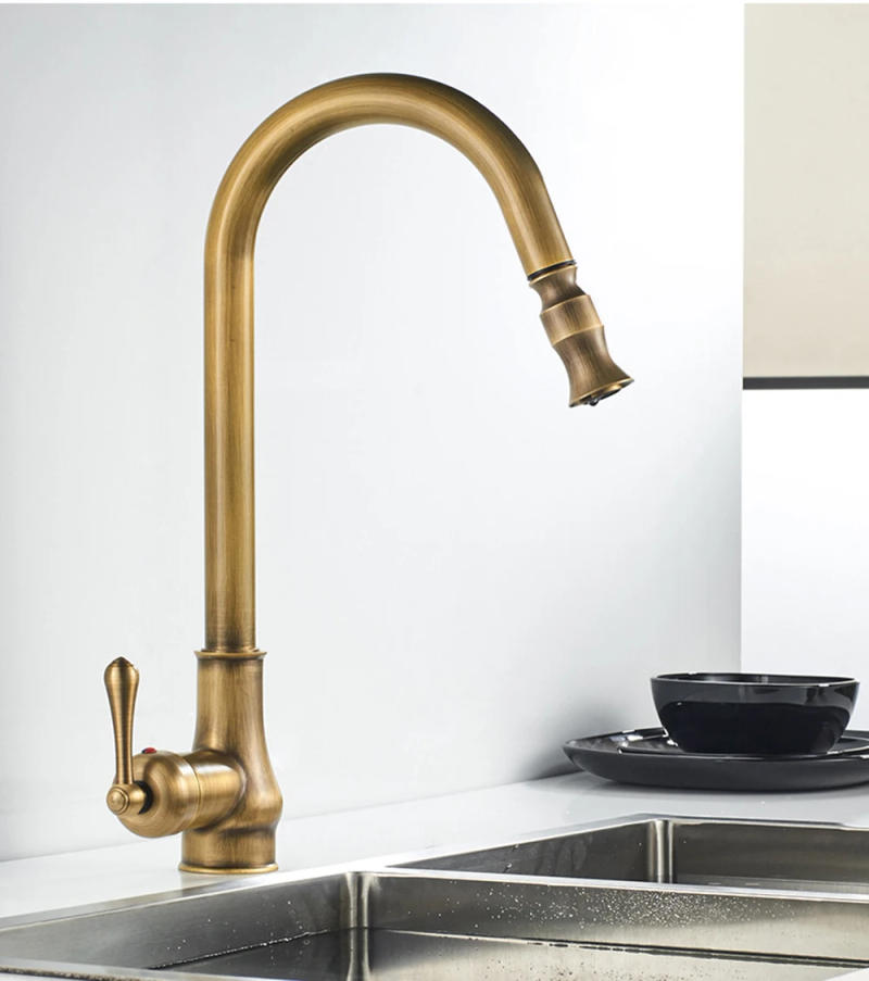 Description Picture 5 of itemOnzpily Antique Brass Pull Out Kitchen Faucet Hot Cold Water Single Handle Mixer Crane 360 Rotation Kitchen Mixer Tap Basin Taps